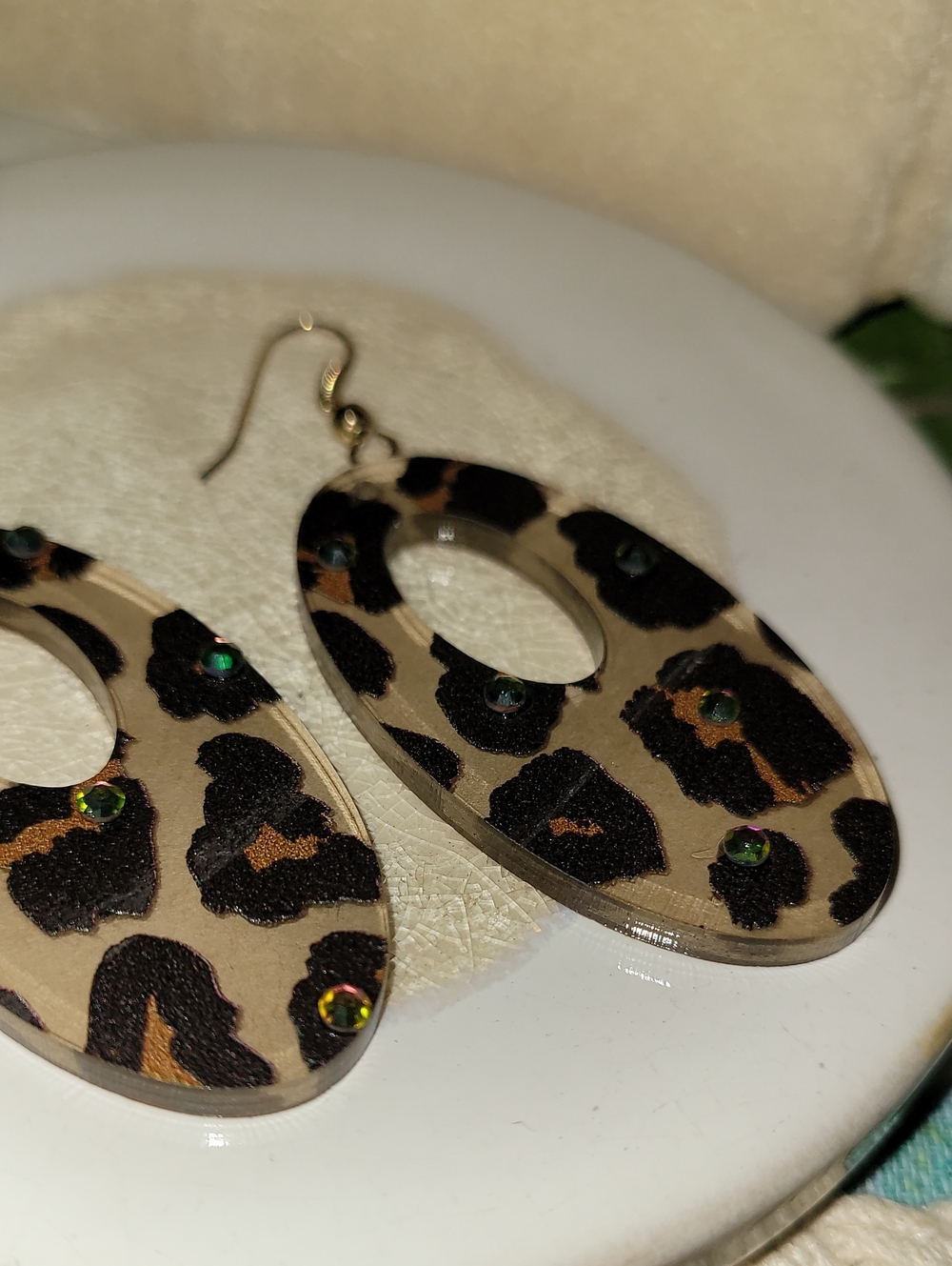 NEW Leopard Print Oval Dangle Earrings with Rhinestones - Neutrals Lightweight